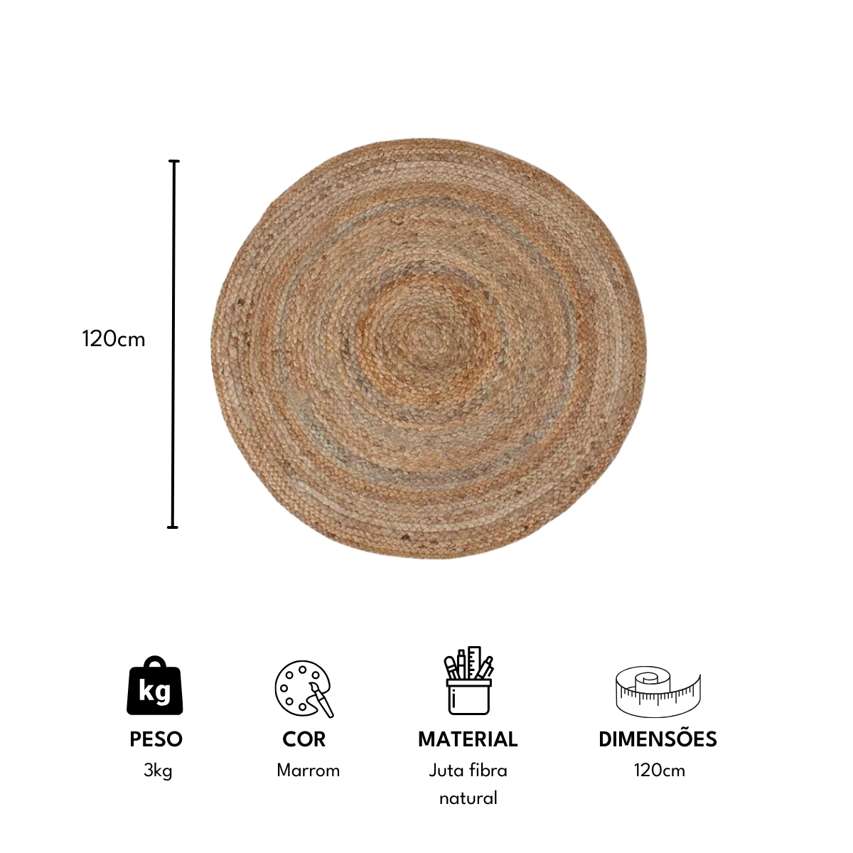 Tapete de juta com indicação de 120 cm, peso, cor e material